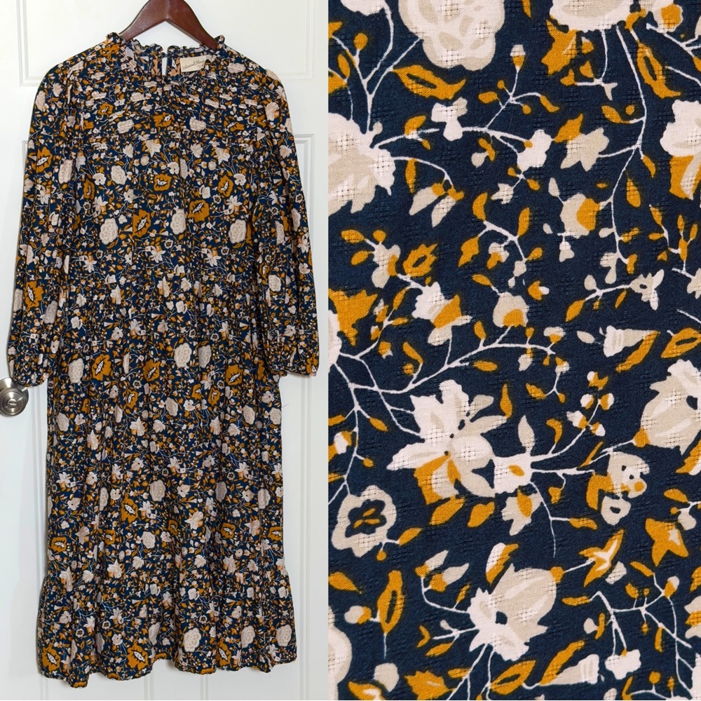 Cotton/Rayon Navy and Mustard Floral Dress